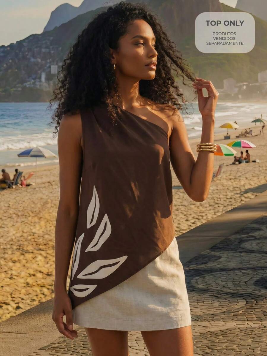 CAJUNI Women's One-Shoulder Asymmetric Hem Casual Tropical Versatile Daily Beach Vacation Outing Top Brown Summer - Brown - View 1