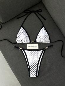 Swim Mod 女款夏季海灘簡約優雅浪漫休閒度假性感甜美可愛時尚泳衣套裝，基本百搭黑白波點印花，掛脖比基尼三角上衣，金屬針織飾邊裝飾，適合海灘、度假村、水療、音樂節、蜜月及休閒度假場合 - 黑與白 - 查看 2