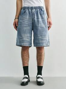 Sonviro Men's Light Blue Casual Elastic Waist Wide Leg Denim Shorts - Light Wash - View 6