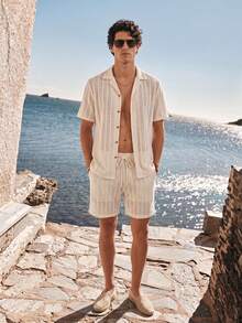 Manfinity VDAYZ Plus Size Men's Hollow Out Textured Knit Short Sleeve Shirt Set Men's Resort Wear Beach Clothes For Men White Cream Cream Button Up Men Men's Beach Button Up Men Summer Button Up - Beige - View 4