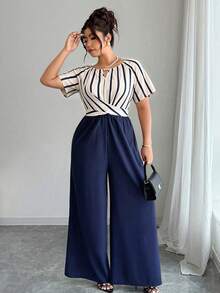 Elenzga Women's Plus Size Spring/Autumn Short Sleeve Striped Patchwork Beaded Decor Jumpsuit, Suitable For Daily And Office Wear Elegant - Multicolor - View 3