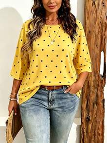 EMERY ROSE Plus Size Women's Casual Minimalist Polka Dot Print Drop Shoulder T-Shirt, Suitable For Summer Wear - Multicolor - View 4