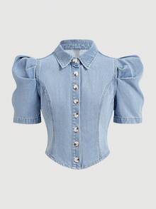 Zolique Women's Denim Top, Vintage Sweet French Style Light Color Denim Top, Versatile Casual Denim Top For School Season, Daily Wear, Travel And Outings - Light Wash - View 1