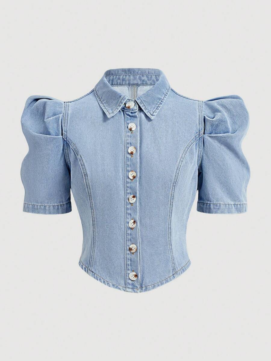 Zolique Women's Denim Top, Vintage Sweet French Style Light Color Denim Top, Versatile Casual Denim Top For School Season, Daily Wear, Travel And Outings - Light Wash - View 1