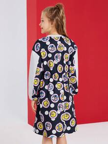 LOONEY TUNES X SHEIN 少女卡通崔弟与达菲鸭字母图案黑色休闲运动舒适束腰长袖睡衣连衣裙 - 彩色 - 查看 2
