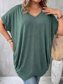 SHEIN CURVE+ Plus Size Women's Solid Color Batwing Sleeve Fashion Loose T-Shirt Wedding Dates Fashion Week Dark Green Summer Streetwear Simple Normal - Dark Green - View 5