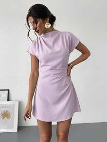 Aloruh Ruched Commuter A-Line Mini Dress - Lilac Purple - View 3
