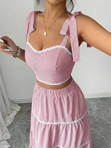 SHEIN Raffinéa 女款優雅兩件套 螺紋壓褶肩部打結蕾絲飾邊細肩帶上衣與長裙 - 紅白色 - 查看 4