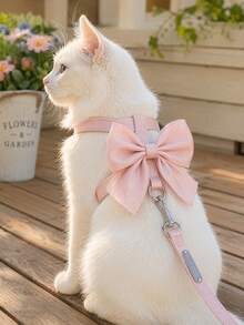 PETSIN 1PC Must-Have Cute Shiny Big Bow Cat Harness Leash Set Soft Nylon Webbing I-Shaped Cat Harness Escape-Proof No Choke Adjustable Cat Walking Leash Comfortable Breathable Pet Harness With Glossy Satin Bow Decor Hands-Free Cat Traction Rope Anti-Escape - Multicolor - View 7