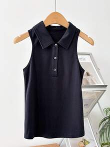 Livesso Débardeur sans manches à col revers, coupe slim, devant mi-ouvert pour femmes - Bleu marine - Voir 3