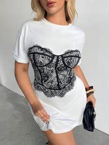 Auralis Basic Summer White Short-Sleeved Plus-Size Loose Straight Dress With Lace Print, Modern And Elegant Sexy. Date Night - White - View 4