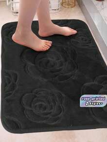 1PC Flannel Rose-Printed Floor Mat, Suitable For Daily Use And As A Valentine's Day Decoration - Black - View 1