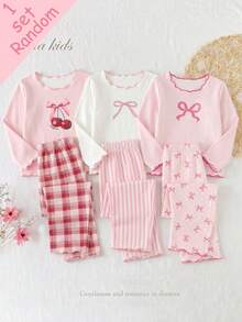 [Randomly Sent 1 Set]Baby Girl Spring/Autumn New Bowknot, Cherry, Striped Combination Print Knit Wavy Colorblock Ruffle Trim Long Sleeve Long Pants 2-Piece Set Loungewear 1Sets - Multicolor - View 1