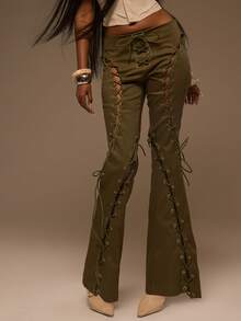 MUSERA Green Denim Lace Up Front Flare Trousers - Dark Green - View 2