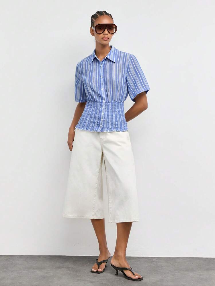 SHEIN Maija Women's Summer Casual Striped Petal Sleeve Waist-Defining Shirt,Going Out Outfits,Summer Holiday Outfits