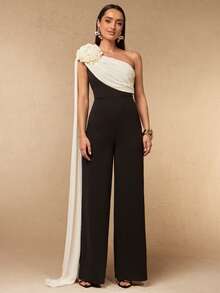 Silquee Women's 3D Floral Decor One-Shoulder Colorblock Casual Everyday Outing Jumpsuit - Black - View 3