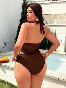 Swim Lushoire 2026 Spring/Summer New Solid Color Mesh Patchwork 2-Piece Swimsuit With Detachable Chest Pads, Halter Neck Bow Tie Straps, Sexy Deep V-Neck, Underbust Mesh Flattering Design, Side Drawstring, Low-Waist Triangle Bottoms, Casual Fashion Vacation Style Beach Swimwear - Brown - View 2
