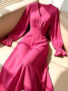 Rometta French Elegant Solid Color V-Neck Long Sleeve A-Line Dress - Hot Pink - View 1