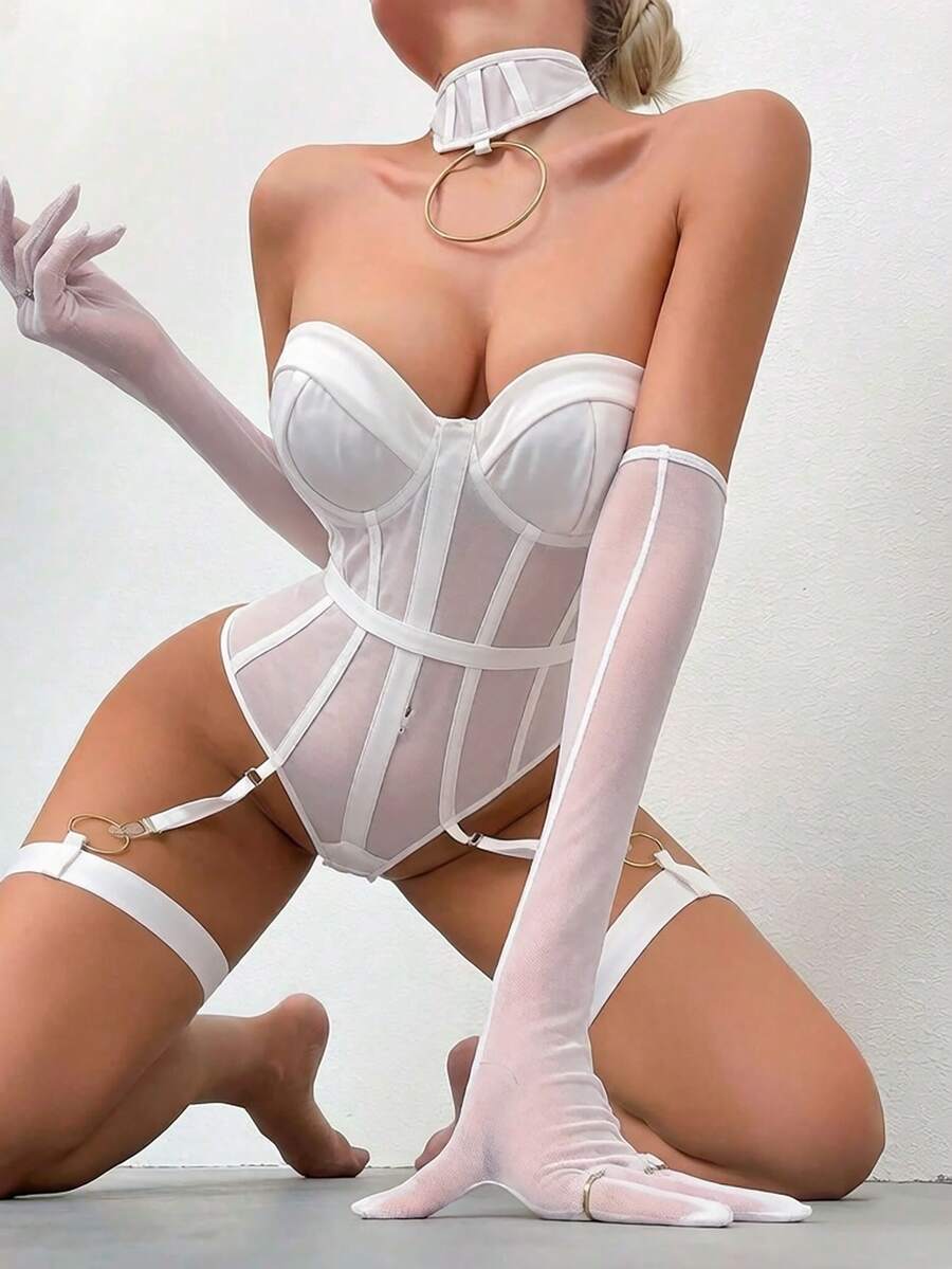 SHEIN 5件裝黑色優雅性感女款連身內衣 - 白色 - 查看 1