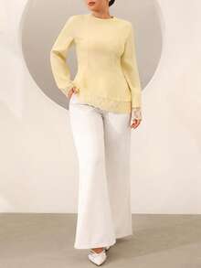 Graceveil Plus Size Women's Bell Sleeve Lace Patchwork Cinched Waist Asymmetrical Hem Blouse Fall - Yellow - View 7