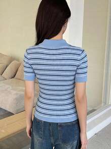 DAZY Women's Striped Color Block Casual Versatile Daily Knit Short Sleeve Top - Sky Blue - View 5