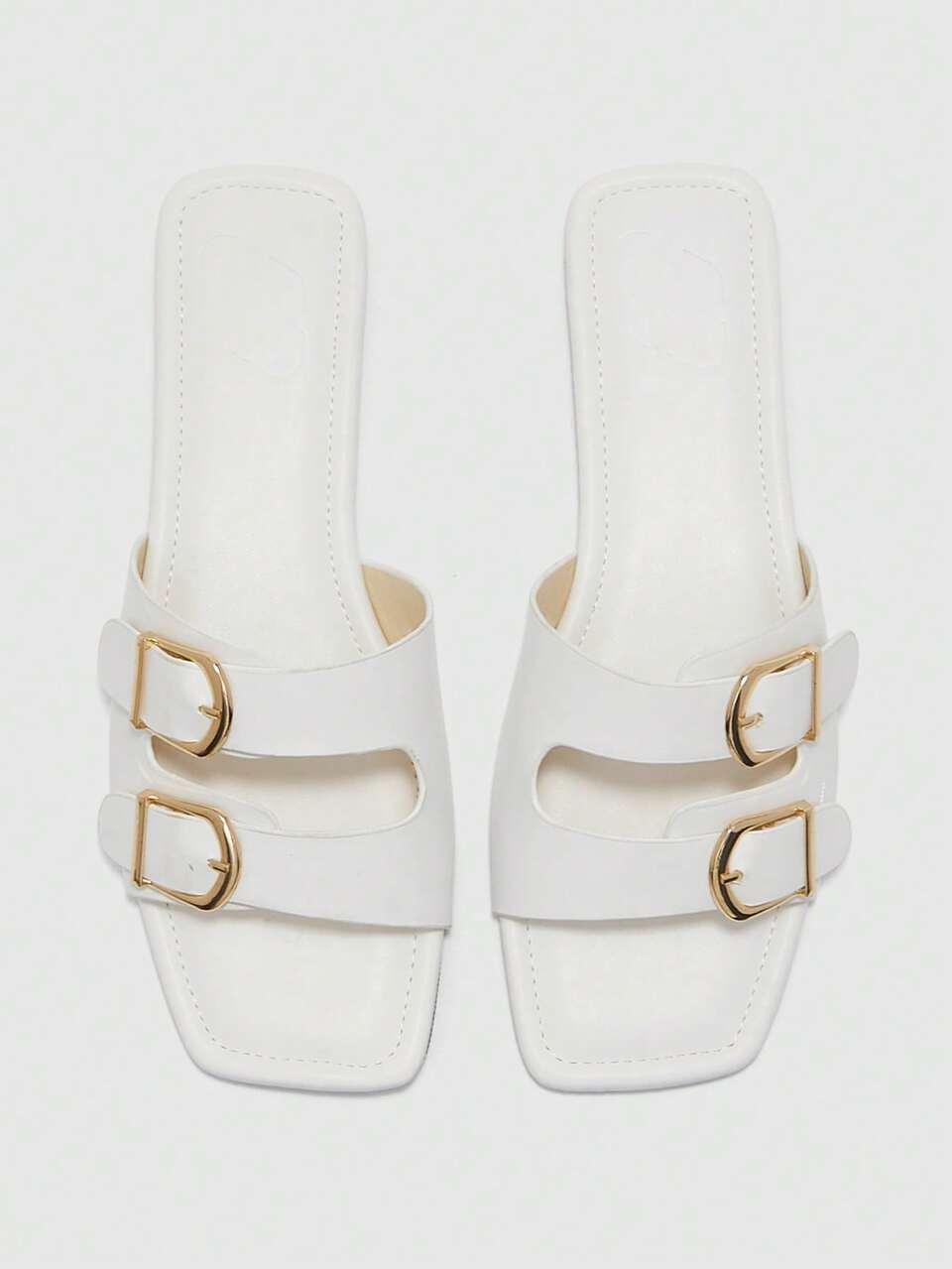 CUCCOO BIZCHIC French White Double Buckle Sandals Women's Gaiden Versatile Square Toe Flat Bottom One-Flip Commuter Beach Sandals Summer