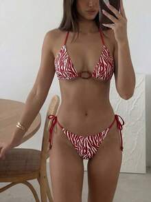 Lumalex 女款夏季海灘性感動物印花琥珀色圓環抽繩比基尼泳衣，適合海邊、海灘、度假 - 紅白色 - 查看 4