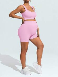SHEIN Maternity Summer Solid Color Elastic Breathable Sports Bra And Shorts,Word Cup - Pink - View 4