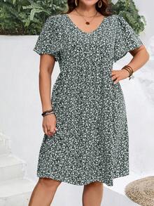 EMERY ROSE Vestido de vacaciones de verano con mangas con volantes y estampado floral pequeño para mujer de talla grande - Verde Oscuro - Ver 7