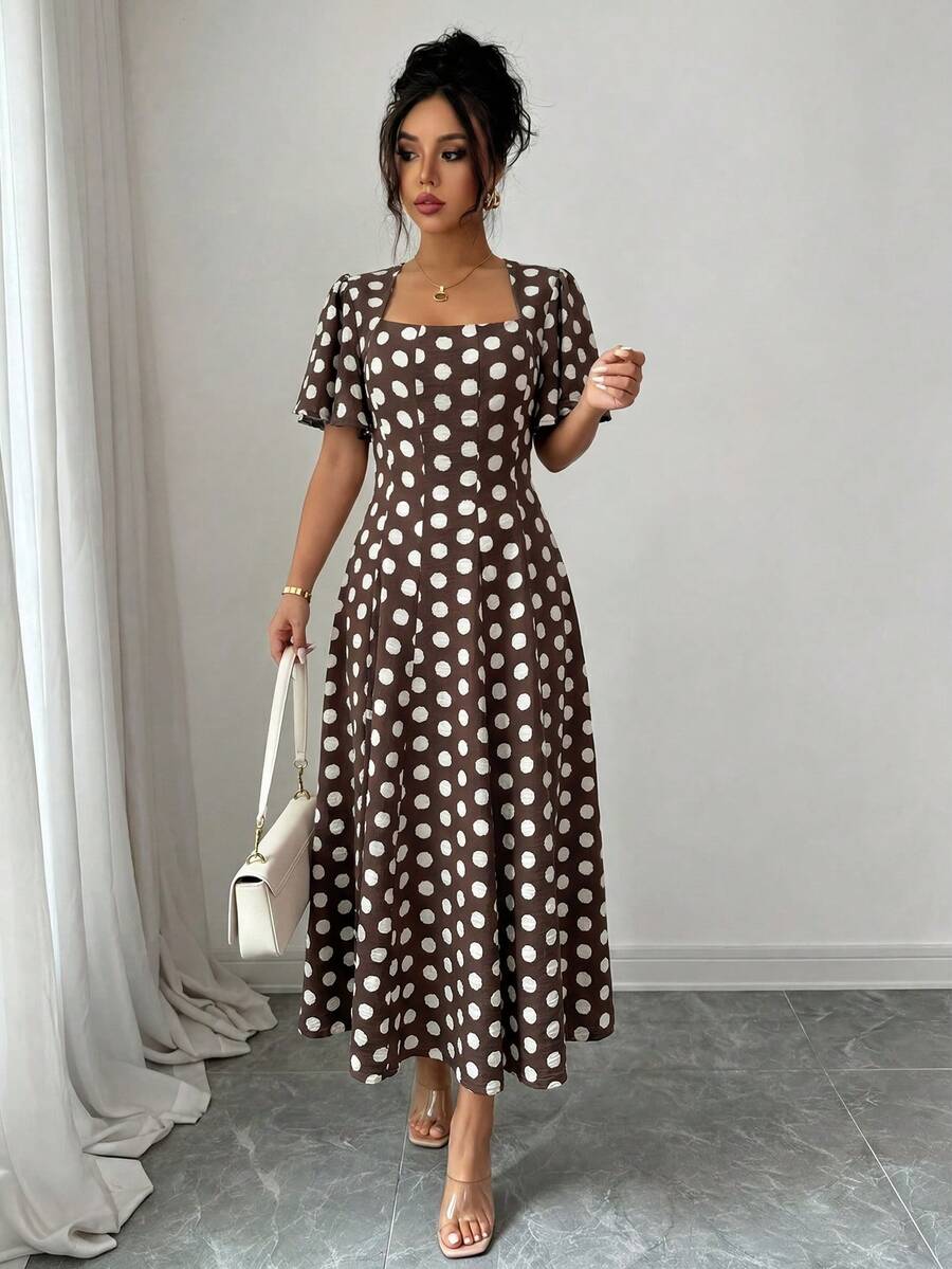 SHEIN Clasi Women's Square Neck Patchwork Split Design Cinched Waist A-Line Umbrella Hem Elastic Adjustable Sleeve Short Vintage Polka Dot Brown And White Dress - Coffee Brown - View 1