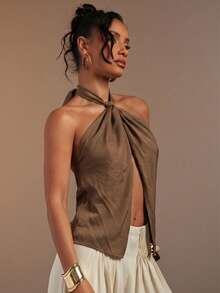 Hauture Women's Sexy Abstract Print Halter Neck Backless Linen Top - Brown - View 3