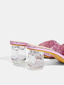 CUCCOO TILAWA Transparent Asymmetrical Chunky Heel Women's Glass Rhinestone Sandals - Dusty Pink - View 7