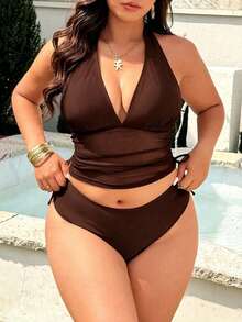 Swim Lushoire 2026 Spring/Summer New Solid Color Mesh Patchwork 2-Piece Swimsuit With Detachable Chest Pads, Halter Neck Bow Tie Straps, Sexy Deep V-Neck, Underbust Mesh Flattering Design, Side Drawstring, Low-Waist Triangle Bottoms, Casual Fashion Vacation Style Beach Swimwear - Brown - View 3