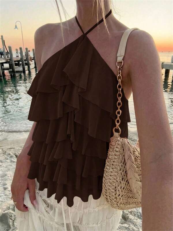 Aloruh Women's Elegant Tropical Sexy Romantic Lace-Up Halter Neck Multi-Layer Ruffle Brown Beach Vacation Date Top Summer