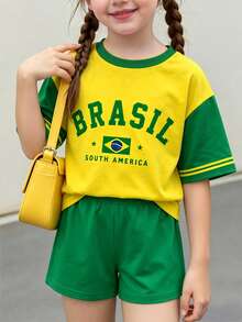 [2pcs]Young Girls, American Vintage / Sporty Casual / Street Cool / Energetic Style Yellow & Green Colorblock Brazil Theme Raglan Short Sleeve Top + Solid Green Shorts Set, Lightweight Fabric, Suitable For Daily Outings, School Wear, Casual Travel In Spring, Summer, And Autumn. - Multicolor - View 3