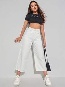 Women's Striped Colorblock Fashion Button Pocket Denim Cropped Pants - White - View 7