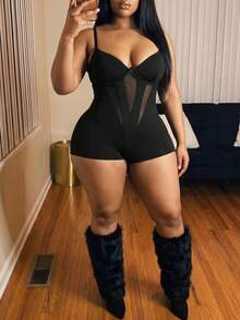 Slaydiva Plus Size Women's Mesh Patchwork Sexy Casual Outing Camisole Romper - Black - View 5