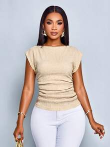 SOLERSUN Sexy And Elegant Women's Commuter Casual T-Shirt, Fitted Waist, Stylish Top, Spring/Summer Vintage Style, Khaki Textured Fabric. Brunch - Apricot - View 8