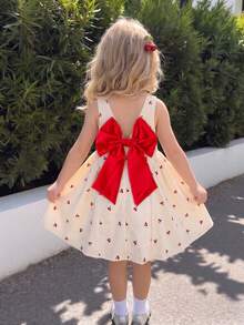 SHEIN Elladie kids 1件少女夏季新款方領無袖背心洋裝，櫻桃印花、後背V領設計、隱形拉鍊、可拆式大蝴蝶結、大下擺側抽褶，簡約百搭，適合日常、派對、海灘度假 - 杏色 - 查看 8