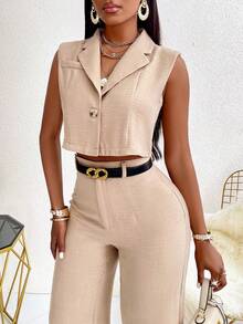 SOLERSUN Women's Solid Color Notched Lapel Single-Breasted Cropped Casual Blazer Vest For Autumn - Apricot - View 8