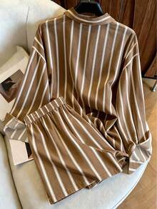 Resyla Damen gestreiftes einreihiges Langarm-Top und Shorts Lässig Alltag Set - Kaffeebraun - Übersicht 2