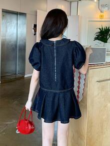 DAZY Women's Collared Washed Korean Style Denim Top And Pleated Skirt Casual Denim Set School Summer - Blue - View 2