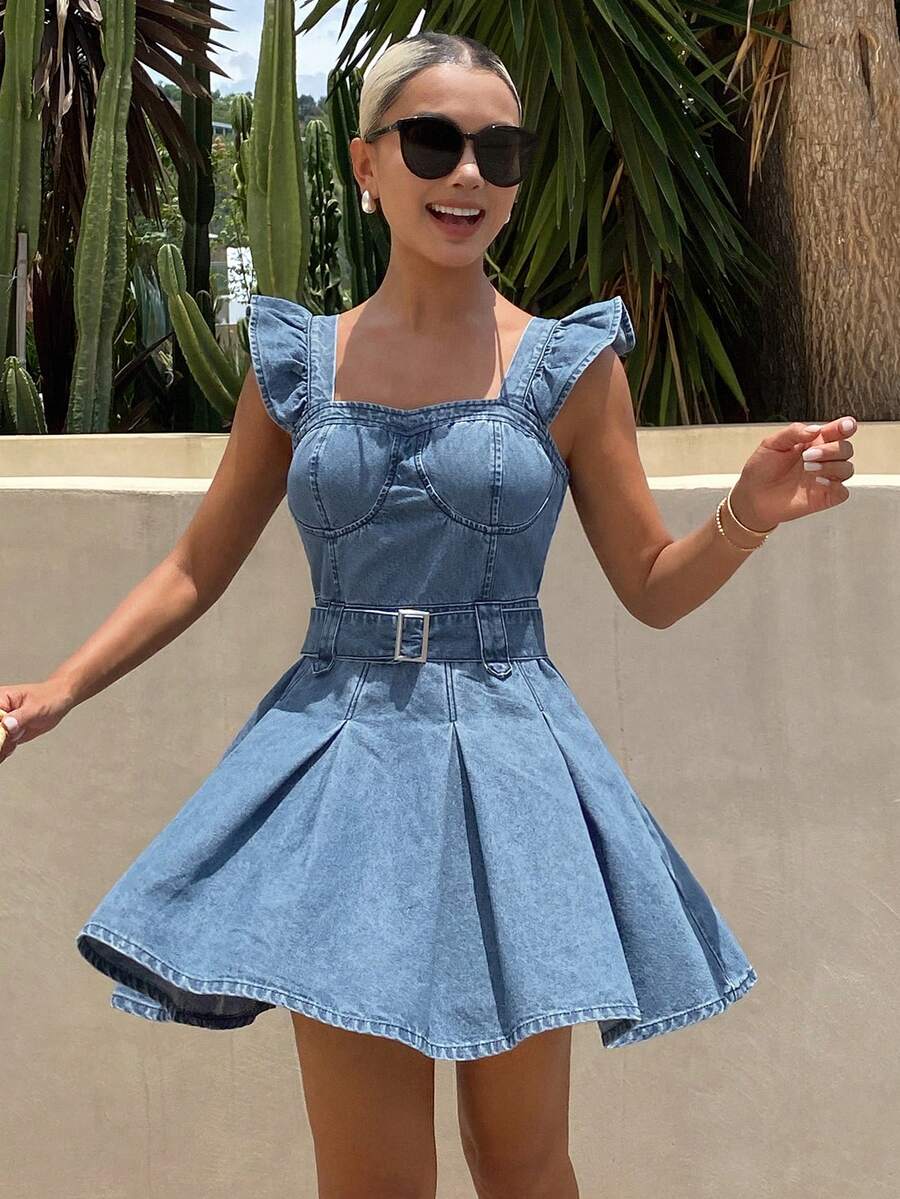 DAZY Women's Sweetheart Neckline Flutter Sleeve Pleated Hem Denim Dress Vacation - Blue - View 1
