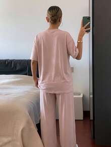 DAZY 女款字母印花寬鬆短袖上衣與長褲兩件式休閒套裝 夏季睡衣 - 粉色 - 查看 2