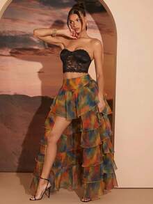 Hauture Women's High Waist Tie-Dye Multi-Layer Ruffle Fashion Skirt - Multicolor - View 3