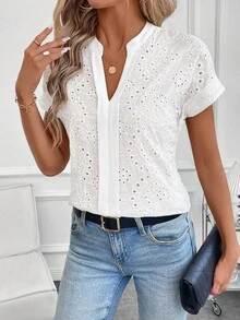 SHEIN Clasi 大尺碼夏季休閒素色鏤空刺繡襯衫 - 白色 - 查看 3