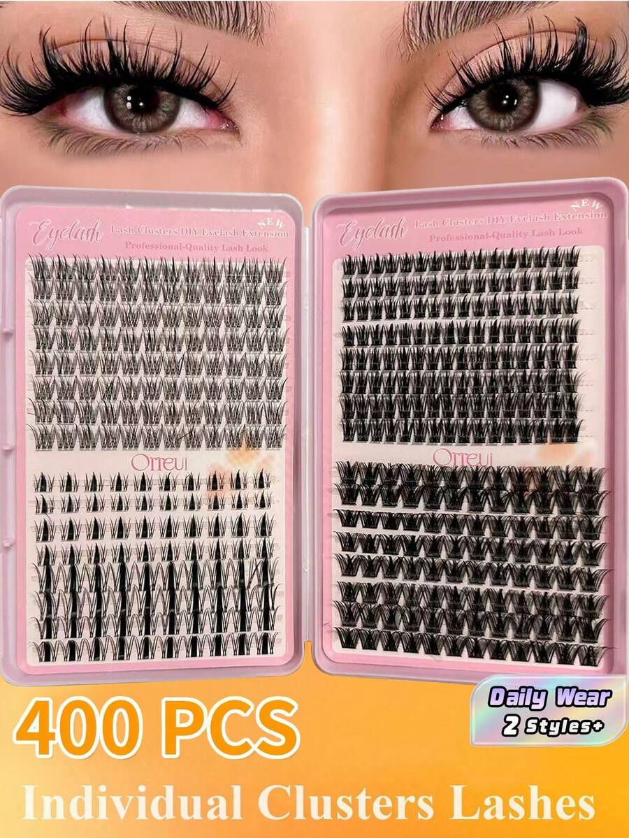 400pcs D Curl Cluster False Eyelashes Set, Large Capacity DIY Individual Lashes 10-16mm, Lightweight Reusable Fluffy Eyelash Extensions For Beginners, Daily & Travel Makeup - Burnt Orange - View 1