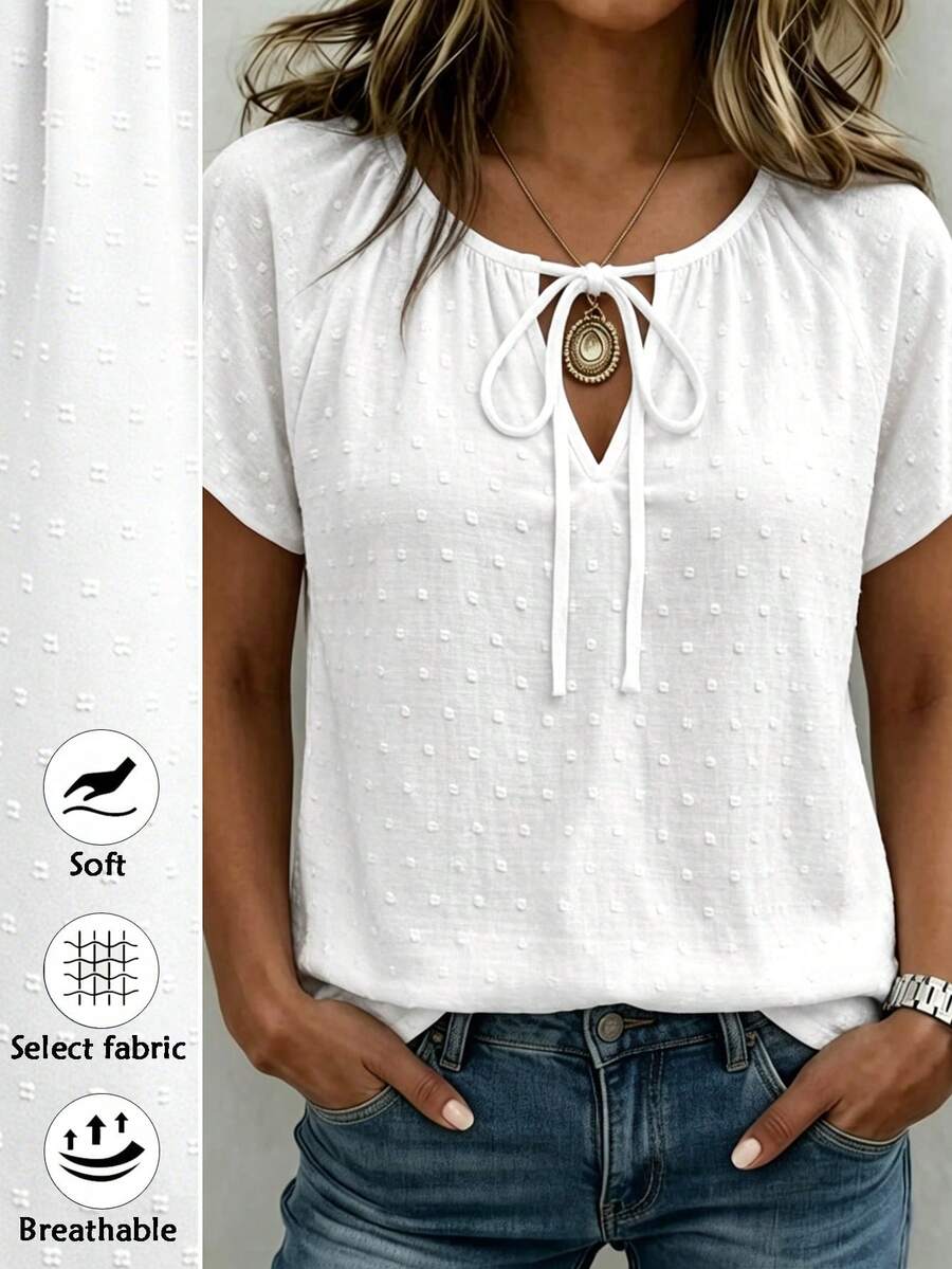Louniche Standard Size Women's V-Neck Tie-Up Design Fuzzy Fabric Casual Boho Vacation Shirt Vacation White Polka Dot Summer - White - View 1