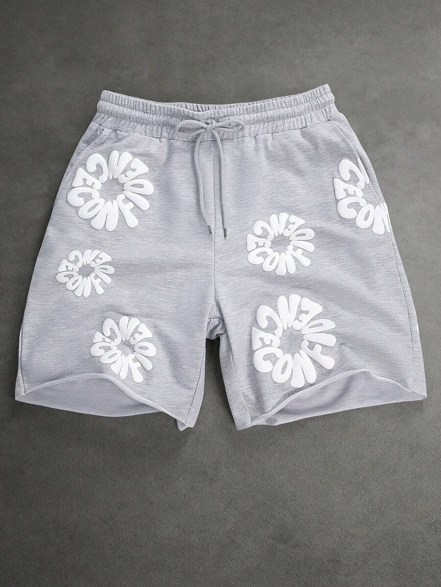 SLATEMANN Men's Drawstring Waist Letter Pattern Casual Versatile Daily Outing Shorts, Holiday - Grey - View 1