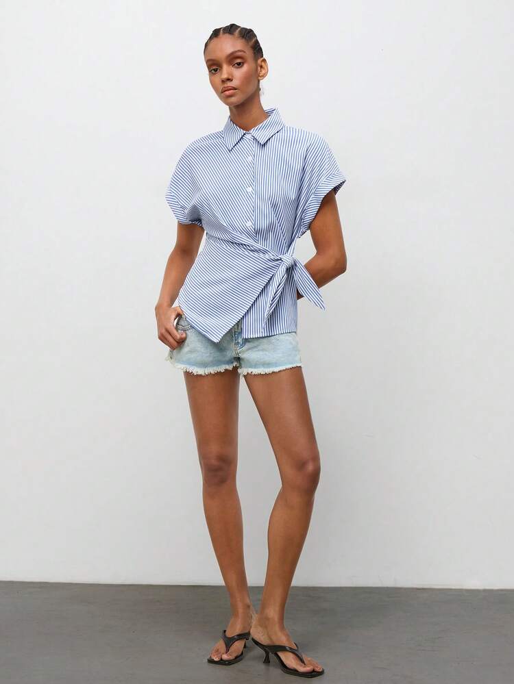 SHEIN Maija Women's Striped Batwing Short Sleeve Side Waist Knot Casual Shirt,Going Out Outfits,Summer Holiday Outfits